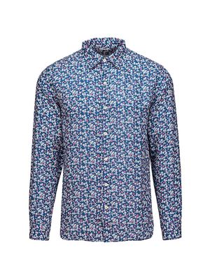 Men's Amalfi Floral Linen Long-Sleeve Shirt - Navy - Size Small - Navy - Size Small