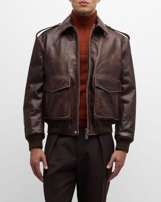 Men's Antique Leather Bomber Jacket