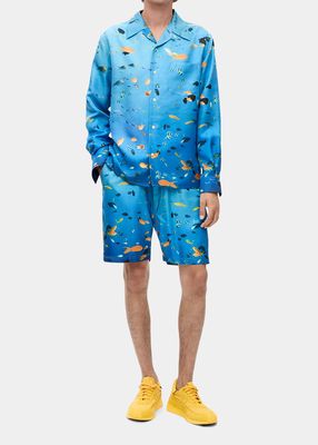 Men's Aquarium-Print Silk Shorts