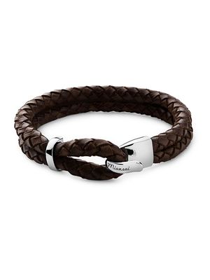 Men's Beacon Sterling Silver Braided Leather Bracelet - Brown - Size Medium - Brown - Size Medium