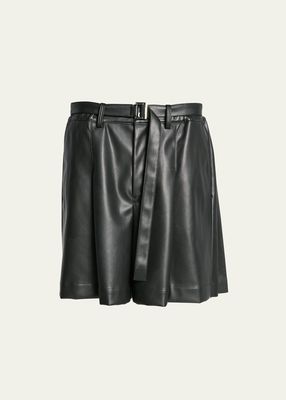 Men's Belted Faux Leather Pleated-Back Shorts