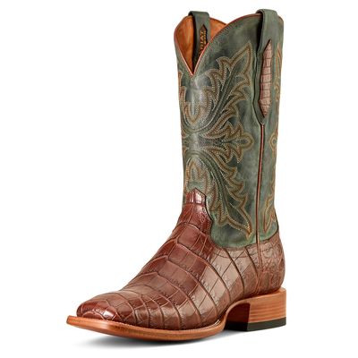 Men's Bench Made Bassett Western Boots in Whiskey Nile Croc Forest Green Leather
