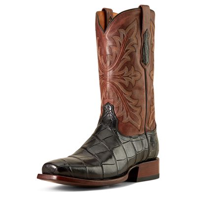 Men's Bench Made Stilwell Western Boots in Black American Alligator Whiskey Brown Leather