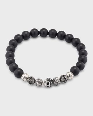 Men's Black Agate Beaded Bracelet with Crystal Pave Skull