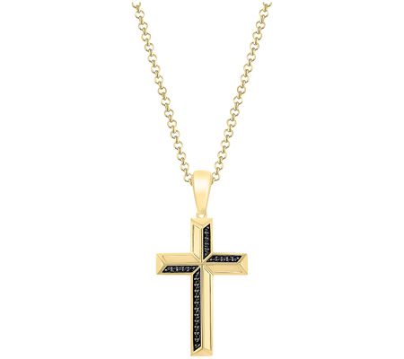 Men's Black Diamond Cross Pendant w/ Chain, 14K Gold-Plated