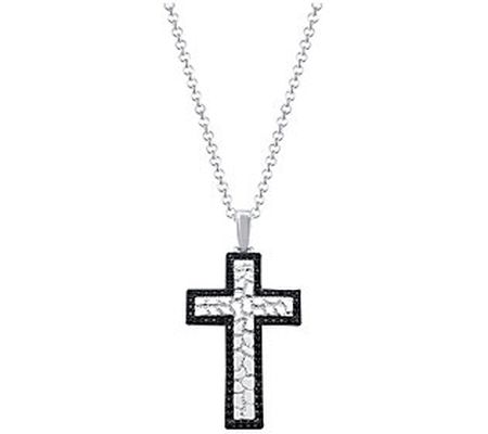 Men's Black Diamond Textured Cross Pendant w/ C hain, Sterling