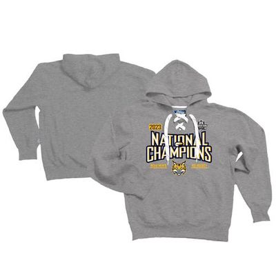 Men's Blue 84 Graphite Quinnipiac Bobcats 2023 NCAA Men's Ice Hockey National Champions Lace-Up Pullover Hoodie in Heather Gray