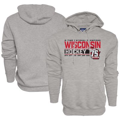 Men's Blue 84 Heather Gray Wisconsin Badgers Men's Hockey 75th Season & Six-Time National Champions Pullover Hoodie