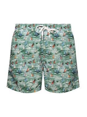 Men's Boat Print Swim Shorts - Green - Size Large