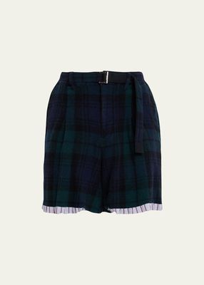 Men's Boiled Plaid Belted Shrivel Shorts