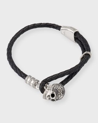 Men's Braided Leather Bracelet with Sterling Silver Skull