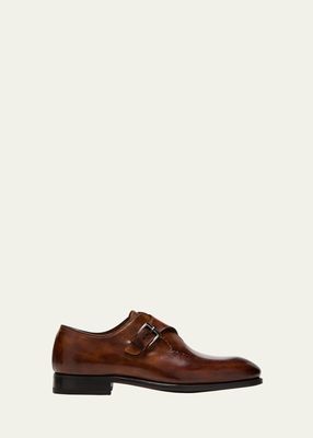 Men's Brillantina Leather Reverse-Stitch Monk Strap Loafers