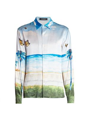 Men's Butterfly Beach Button-Front Shirt - Blue Multi - Size Small - Blue Multi - Size Small