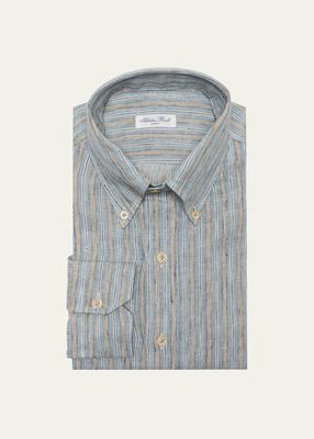 Men's Button-Down Collar Stripe Linen Dress Shirt