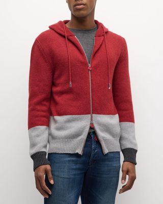 Men's Cashmere Color Block Full-Zip Hooded Sweater