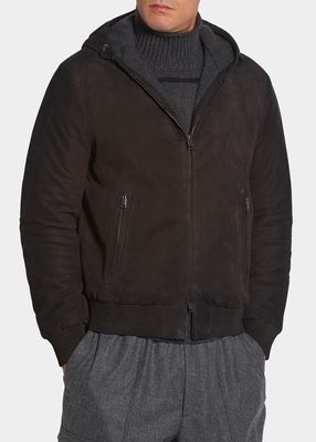 Men's Cashmere-Lined Nubuck Leather Full-Zip Hoodie