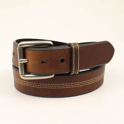 Men's Center triple stitch belt in Brown Leather