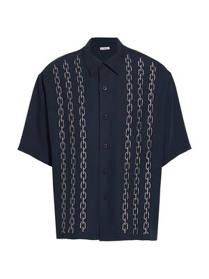 Men's Chain Embroidery Button-Front Shirt - Navy - Size Small - Navy - Size Small