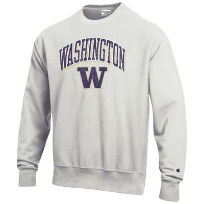 Men's Champion Gray Washington Huskies Arch Over Logo Reverse Weave Pullover Sweatshirt in Heather Gray