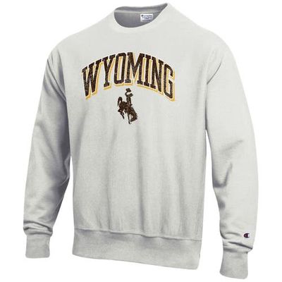 Men's Champion Gray Wyoming Cowboys Arch Over Logo Reverse Weave Pullover Sweatshirt in Heather Gray