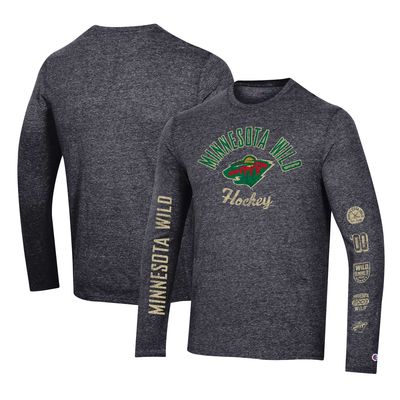 Men's Champion Heather Black Minnesota Wild Multi-Logo Tri-Blend Long Sleeve T-Shirt