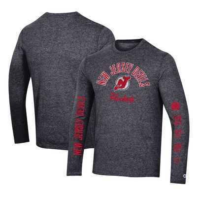 Men's Champion Heather Black New Jersey Devils Multi-Logo Tri-Blend Long Sleeve T-Shirt
