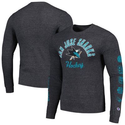 Men's Champion Heather Black San Jose Sharks Multi-Logo Tri-Blend Long Sleeve T-Shirt in Heather Royal