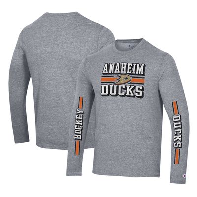 Men's Champion Heather Gray Anaheim Ducks Tri-Blend Dual-Stripe Long Sleeve T-Shirt