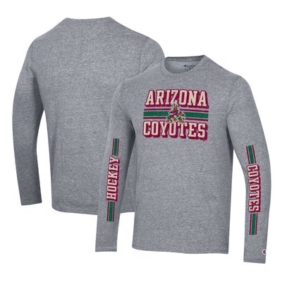 Men's Champion Heather Gray Arizona Coyotes Tri-Blend Dual-Stripe Long Sleeve T-Shirt