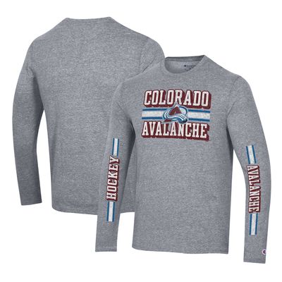 Men's Champion Heather Gray Colorado Avalanche Tri-Blend Dual-Stripe Long Sleeve T-Shirt