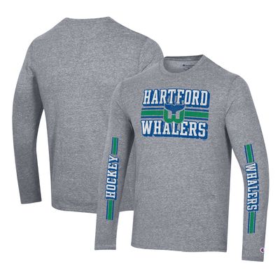 Men's Champion Heather Gray Hartford Whalers Tri-Blend Dual-Stripe Long Sleeve T-Shirt