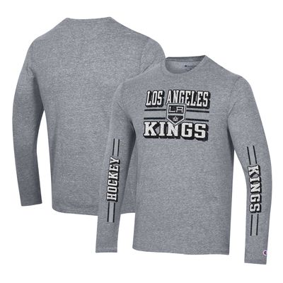 Men's Champion Heather Gray Los Angeles Kings Tri-Blend Dual-Stripe Long Sleeve T-Shirt