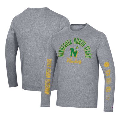 Men's Champion Heather Gray Minnesota North Stars Multi-Logo Tri-Blend Long Sleeve T-Shirt