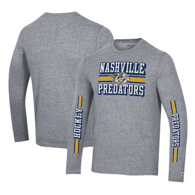 Men's Champion Heather Gray Nashville Predators Tri-Blend Dual-Stripe Long Sleeve T-Shirt