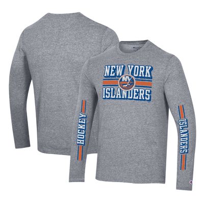 Men's Champion Heather Gray New York Islanders Tri-Blend Dual-Stripe Long Sleeve T-Shirt