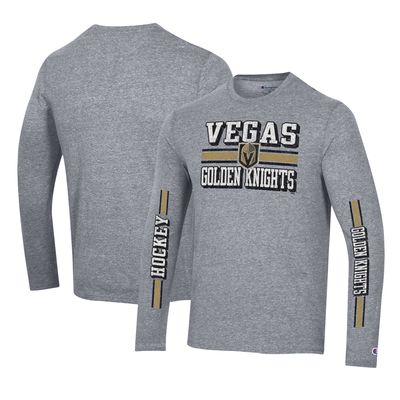 Men's Champion Heather Gray Vegas Golden Knights Tri-Blend Dual-Stripe Long Sleeve T-Shirt
