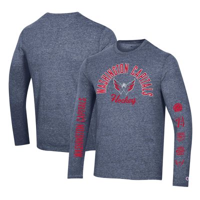 Men's Champion Heather Navy Washington Capitals Multi-Logo Tri-Blend Long Sleeve T-Shirt
