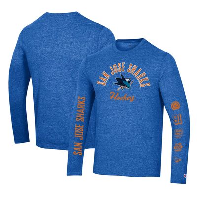 Men's Champion Heather Royal San Jose Sharks Multi-Logo Tri-Blend Long Sleeve T-Shirt
