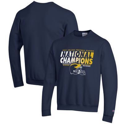 Men's Champion Navy Michigan Wolverines College Football Playoff 2023 National Champions Helmet Pullover Sweatshirt