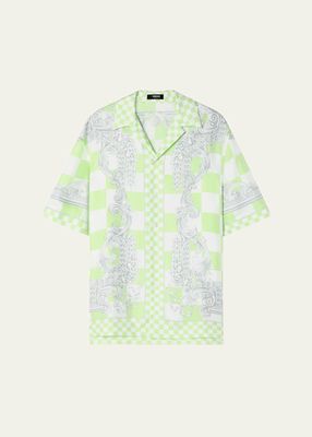 Men's Checkered Medusa Silk Camp Shirt