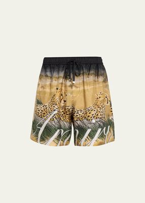 Men's Cheetah-Print Silk Drawstring Shorts