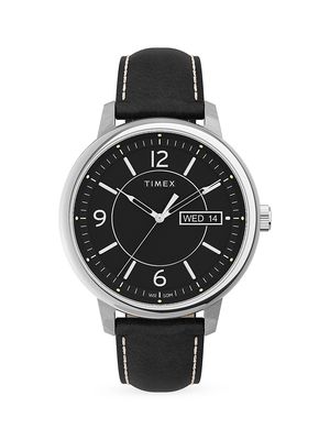 Men's Chicago Leather Strap Watch - Black Silver Tone - Black Silver Tone