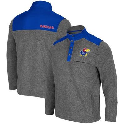 Men's Colosseum Heathered Charcoal/Royal Kansas Jayhawks Huff Snap Pullover in Heather Charcoal