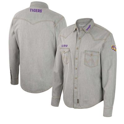 Men's Colosseum x Wrangler Gray LSU Tigers Cowboy Cut Western Full-Snap Long Sleeve Shirt