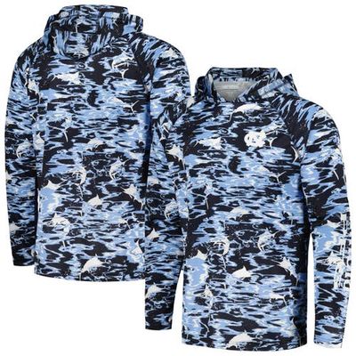 Men's Columbia Navy North Carolina Tar Heels PFG Terminal Tackle Omni-Shade Rippled Long Sleeve Hooded T-Shirt