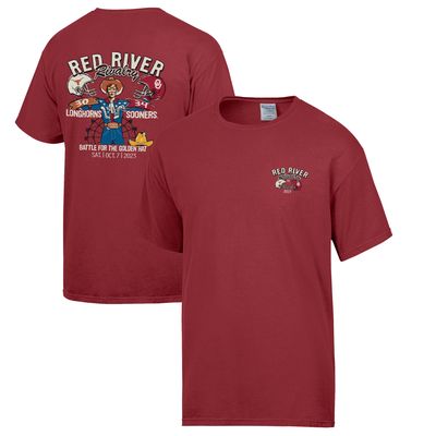Men's Comfort Wash Crimson Oklahoma Sooners vs. Texas Longhorns 2023 Red River Rivalry Score T-Shirt