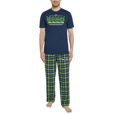 Men's Concepts Sport Navy/Neon Green Seattle Seahawks Arctic T-Shirt & Flannel Pants Sleep Set