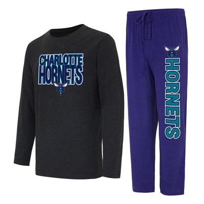 Men's Concepts Sport Purple/Black Charlotte Hornets Meter Long Sleeve T-Shirt & Pants Sleep Set