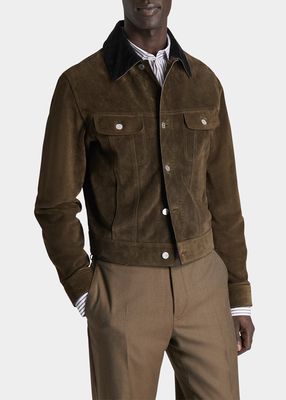 Men's Corduroy Collar Suede Leather Jacket