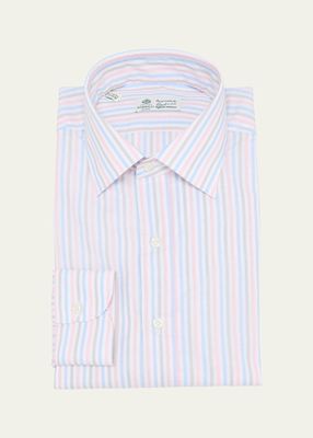 Men's Cotton and Linen Multi-Stripe Dress Shirt